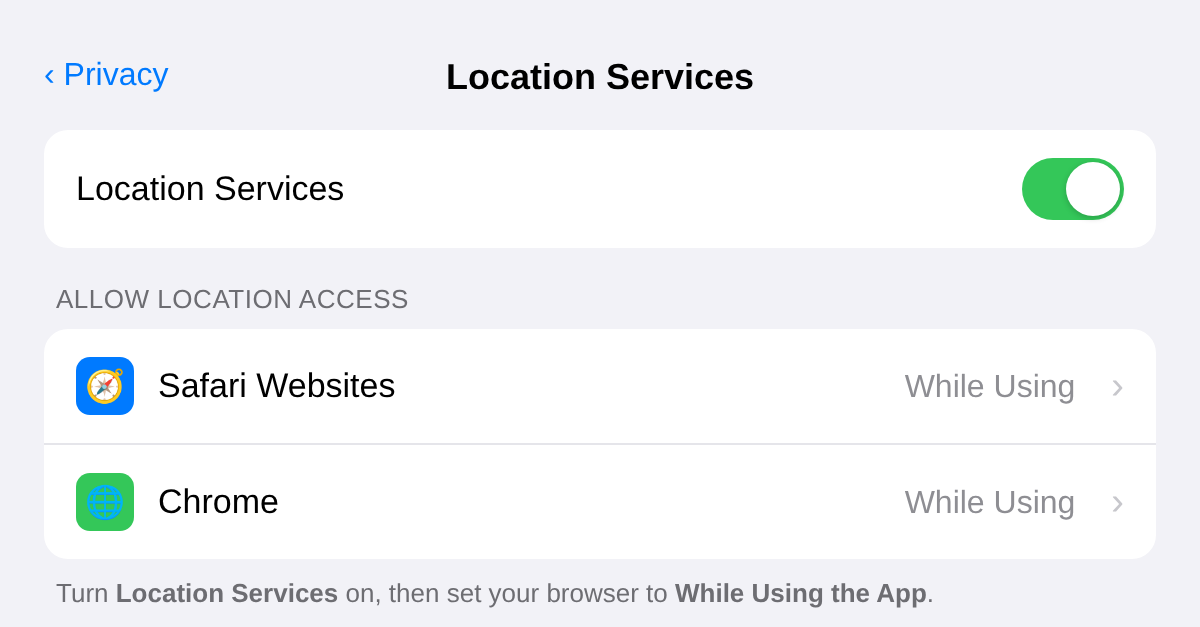 iOS Location Services - turn on and set browser to While Using
